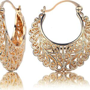 Filigree Earrings, Vintage Filigree Hoop Earrings Oval Hollowed Gold Plated Dang
